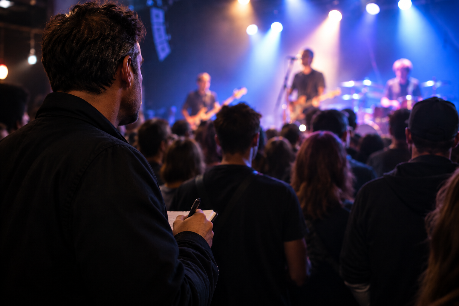 Scout taking notes while watching a band perform live
