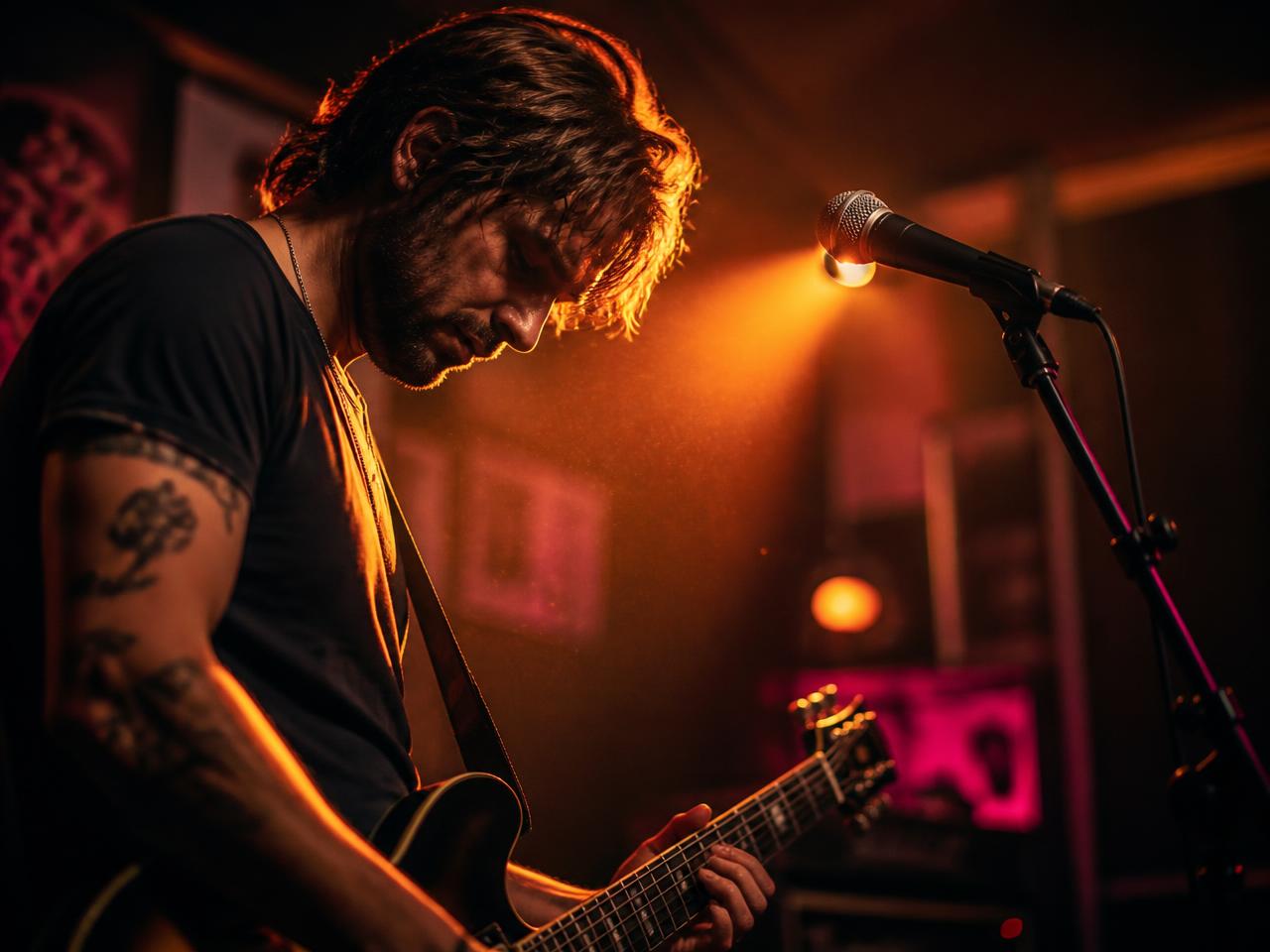 Guitarist rehearsing under warm light